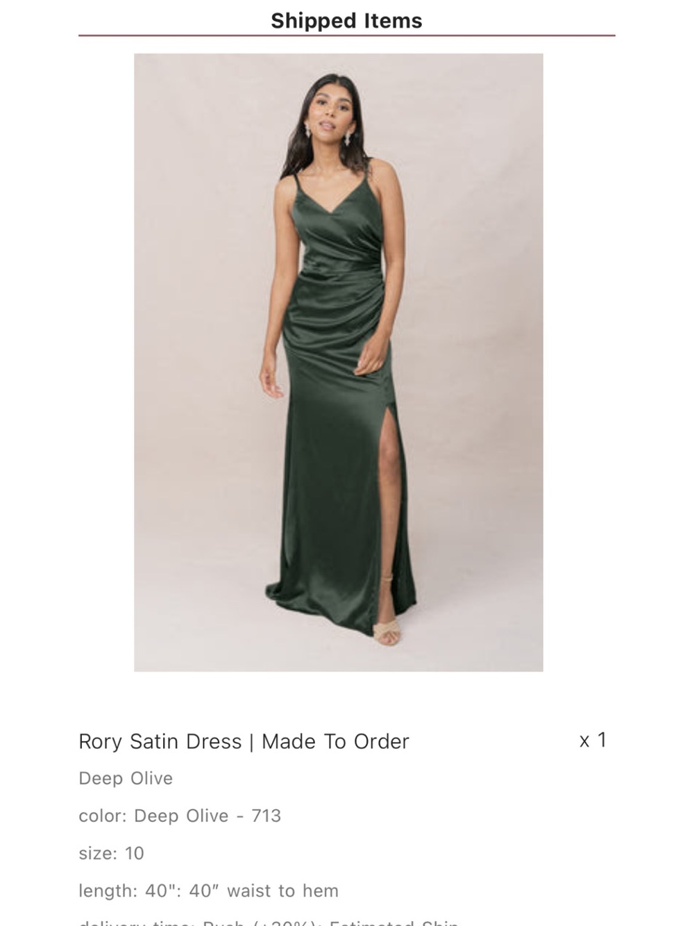 Revelry Satin Gown in Deep Olive (worn once)